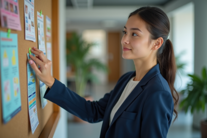 Jeune femme en bureau affichant une affiche colorée