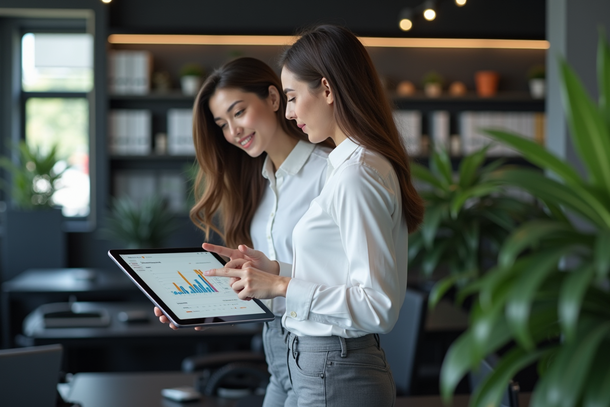 Jeune analyste pointant un graphique sur une tablette en open space