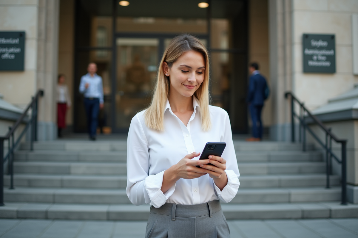 Jeune femme devant bâtiment administratif avec smartphone