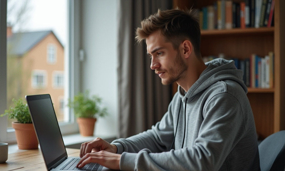 Jeune homme en hoodie travaillant sur son laptop à la maison