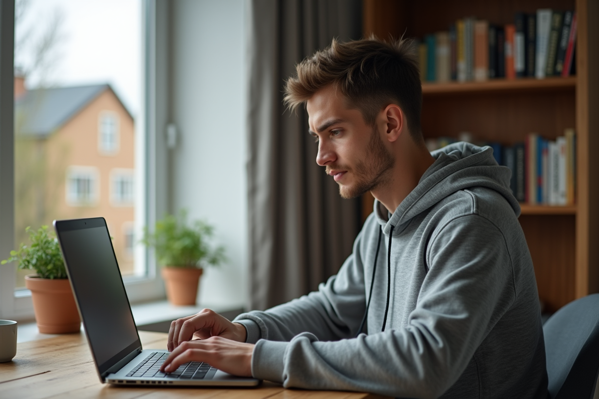 Jeune homme en hoodie travaillant sur son laptop à la maison