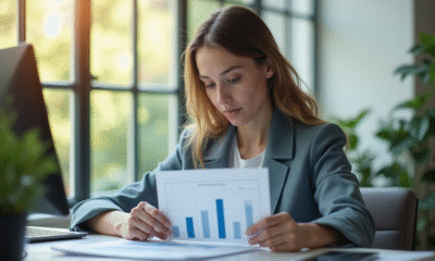 Jeune professionnel analysant un rapport salarial dans un bureau lumineux