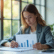 Jeune professionnel analysant un rapport salarial dans un bureau lumineux