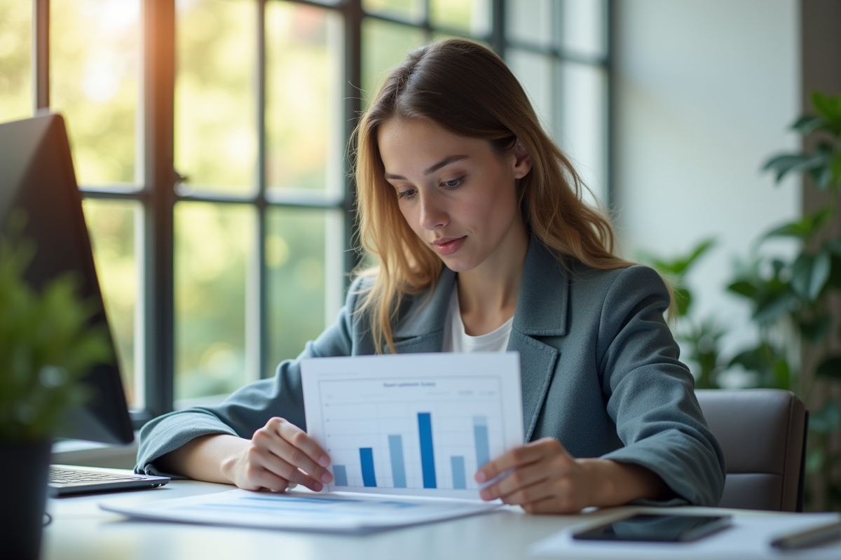 Jeune professionnel analysant un rapport salarial dans un bureau lumineux