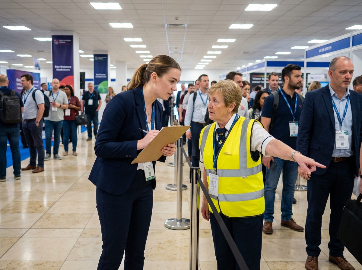 Organisatrice d evenement discute avec agent de securite en intérieur