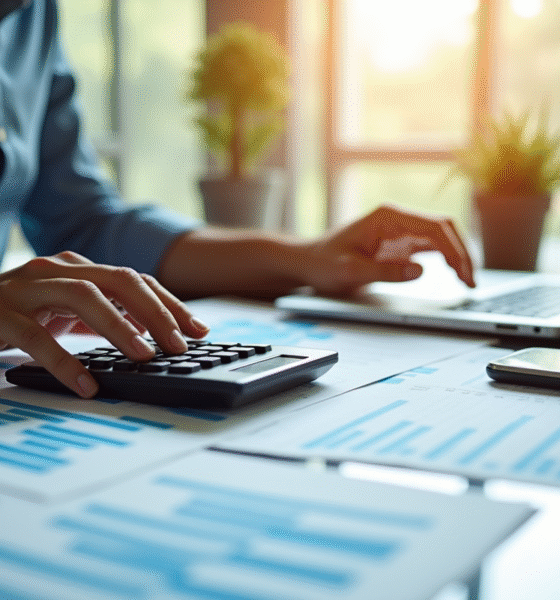 Personne d'affaires au bureau utilisant calculatrice et ordinateur