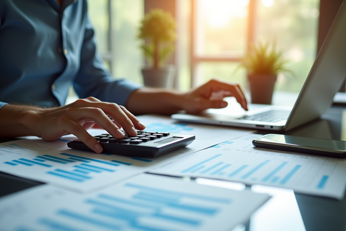Personne d'affaires au bureau utilisant calculatrice et ordinateur