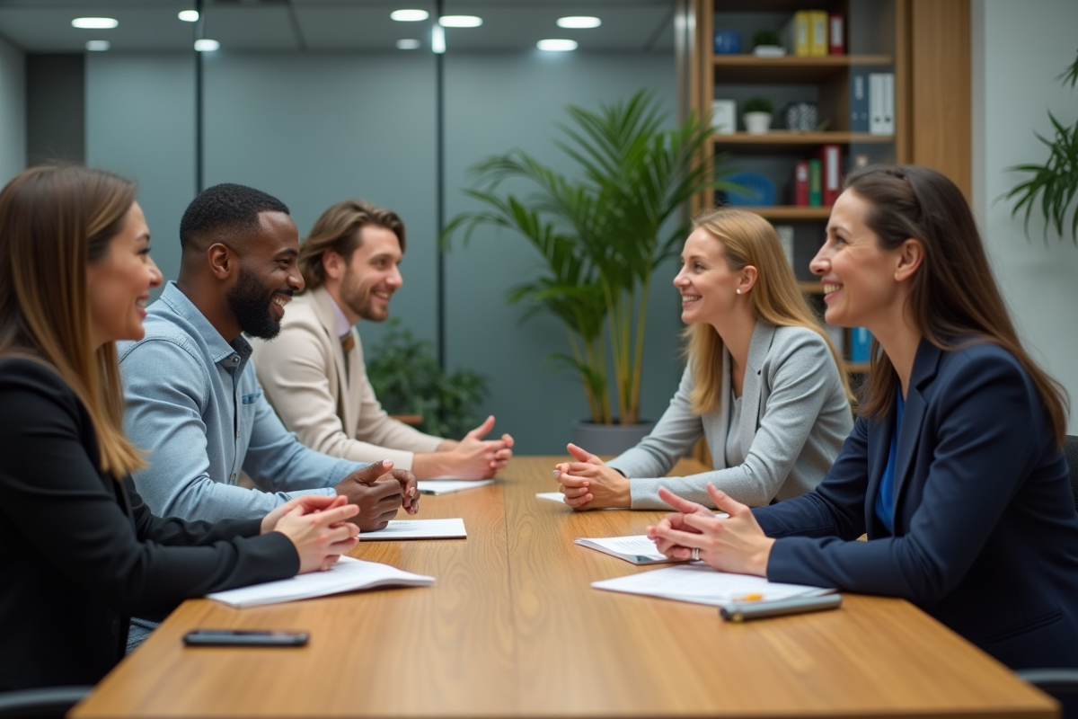 Quatre professionnels en réunion dans un bureau moderne