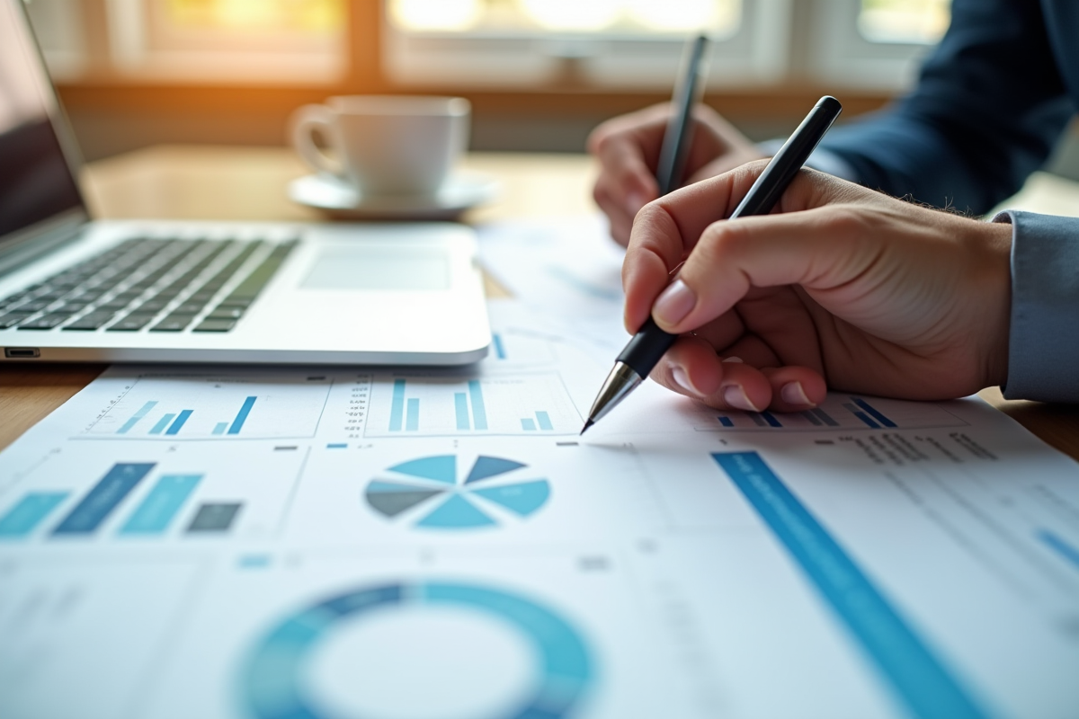 Mains remplissant formulaire fiscal avec graphiques et tasse de café