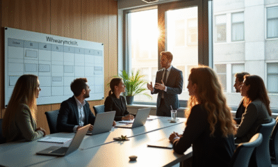 Réunion en bureau avec un planning mural pour la semaine