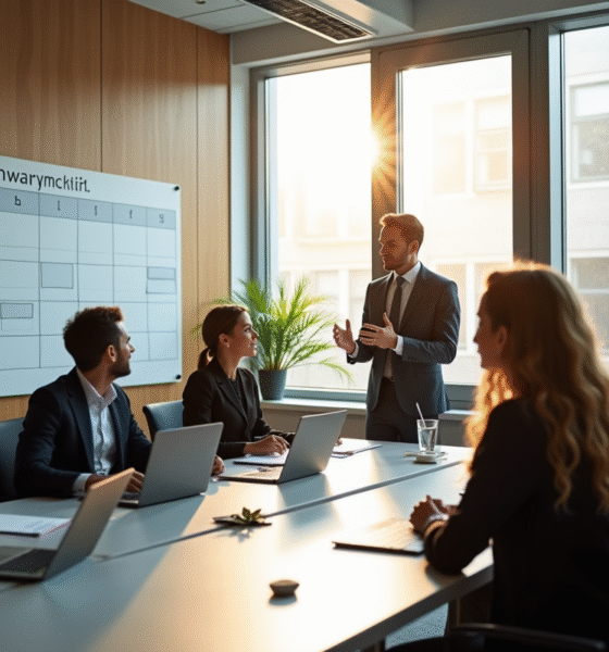 Réunion en bureau avec un planning mural pour la semaine