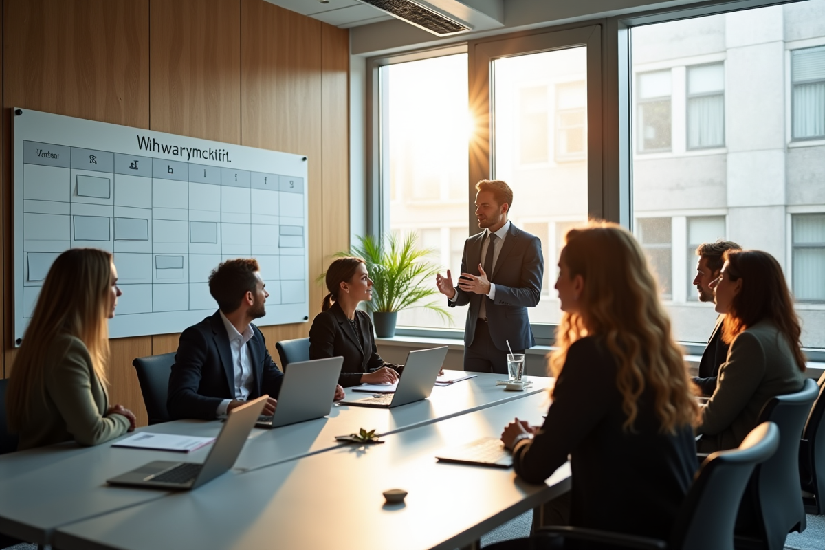 Réunion en bureau avec un planning mural pour la semaine