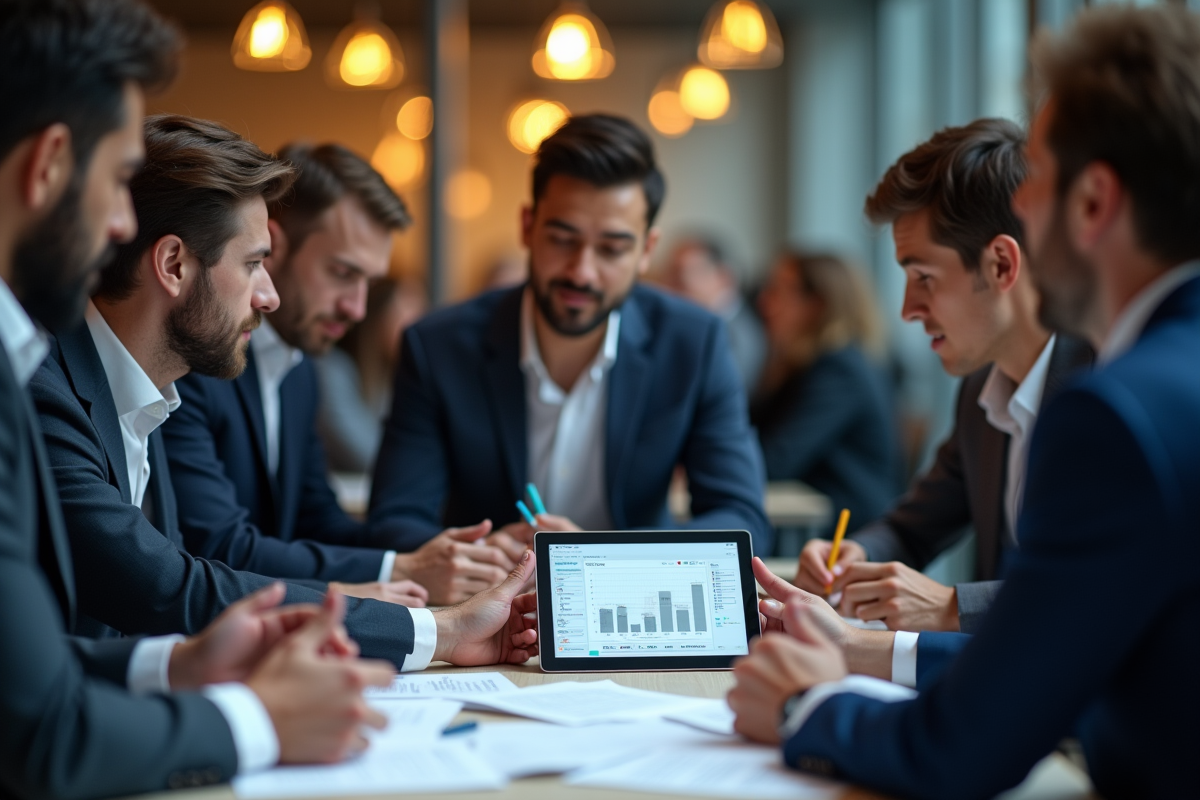 Groupe de professionnels discutant autour de documents et tablette