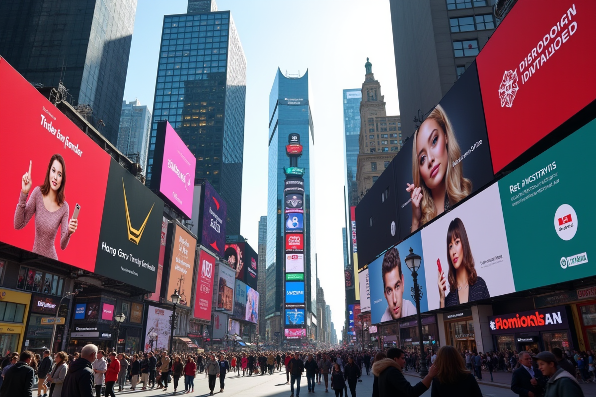 Rue animée avec affiches numériques et passants utilisant leur téléphone