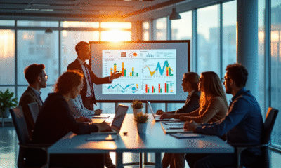 Salle de réunion moderne avec professionnels analysant des graphiques publicitaires