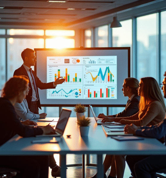 Salle de réunion moderne avec professionnels analysant des graphiques publicitaires