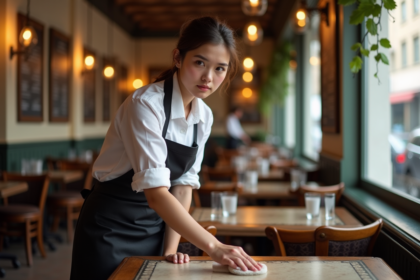 Jeune femme en service dans un bistro français occupé