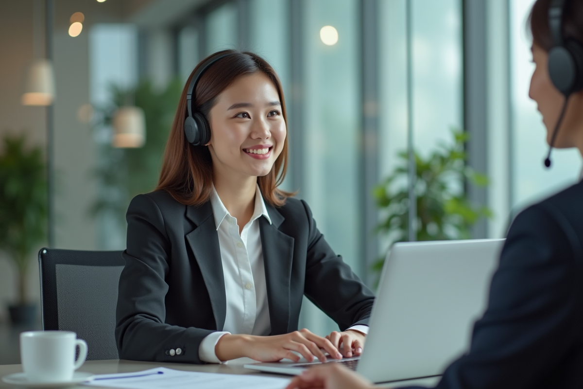 Représentante service client moderne travaillant sur un ordinateur dans un bureau