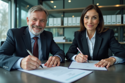 Homme et femme d affaires signant un contrat dans une salle moderne
