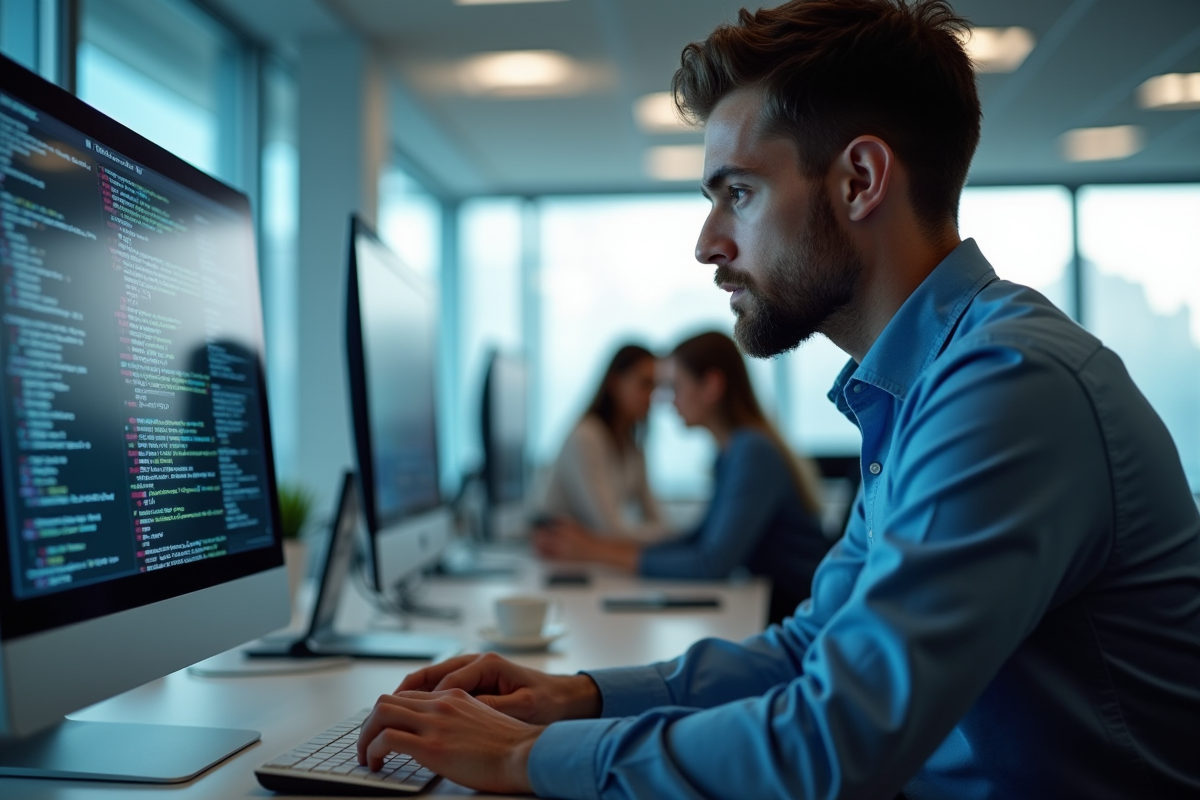 Spécialiste informatique en train de coder dans un bureau lumineux