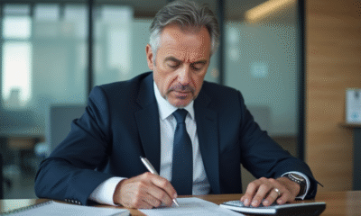 Superviseur securite en costume regardant une fiche de paie