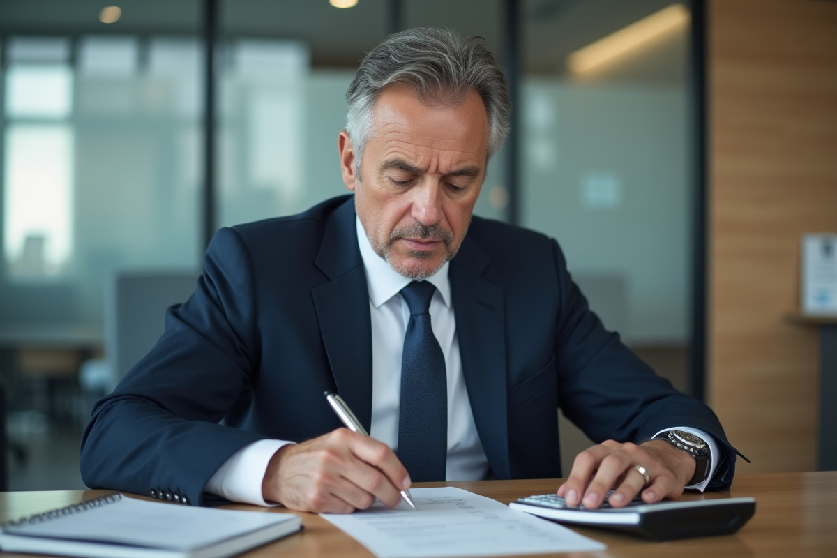 Superviseur securite en costume regardant une fiche de paie