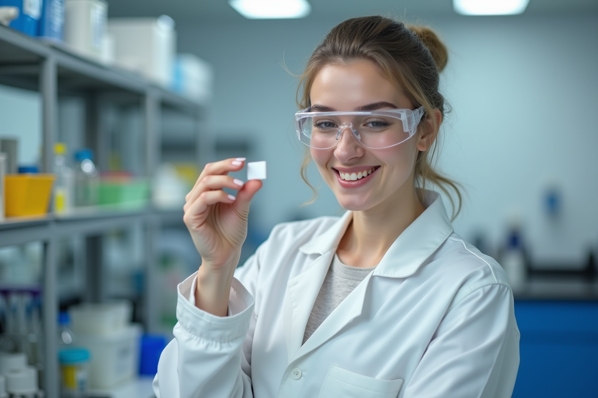 Technicienne en laboratoire manipulant un elastomère
