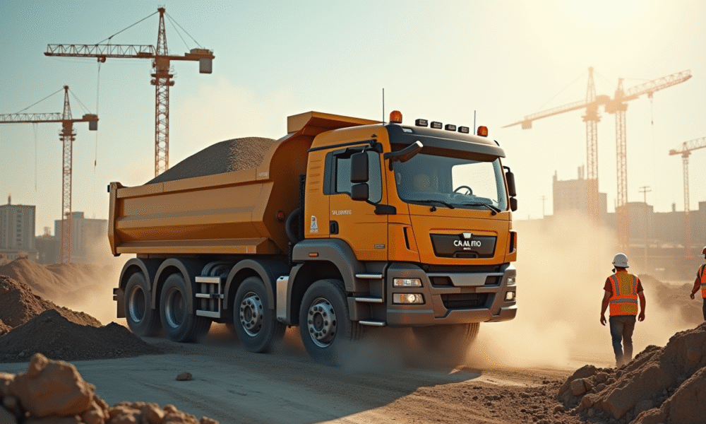 Camion tractobenne déchargeant du gravier sur un chantier ensoleille