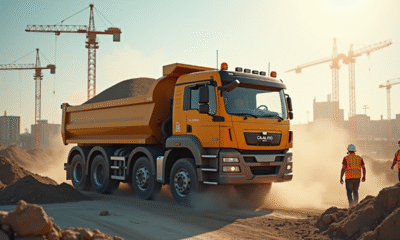 Camion tractobenne déchargeant du gravier sur un chantier ensoleille