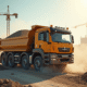 Camion tractobenne déchargeant du gravier sur un chantier ensoleille