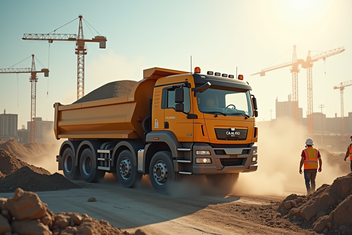 Camion tractobenne déchargeant du gravier sur un chantier ensoleille