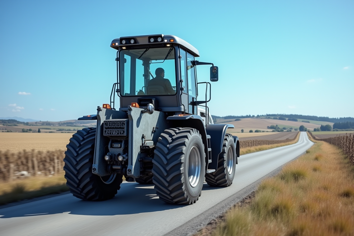 Tractobenne moderne roulant sur une route rurale avec champs et collines